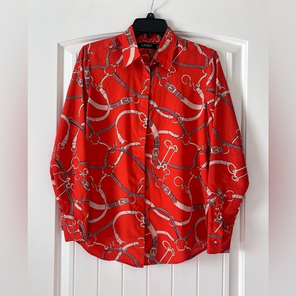 Lauren Ralph Lauren Small P Red Belting Print Crepe Collar Shirt Red Blouse top - Picture 1 of 5
